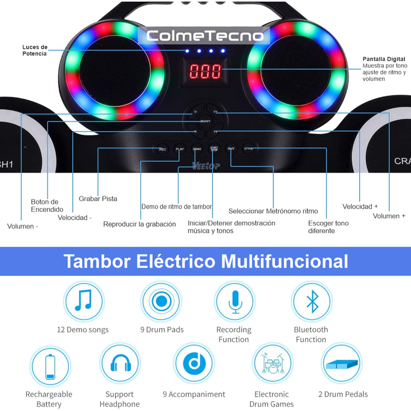 Batería Electrónica Tambores BT Luz Led